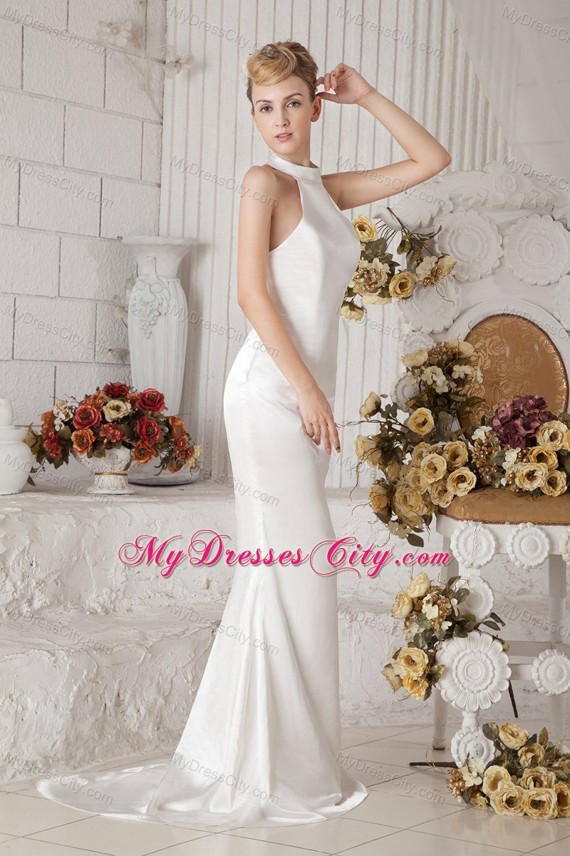 Simple Satin High-neck Brush Train Cheap Dress for 2013 Wedding