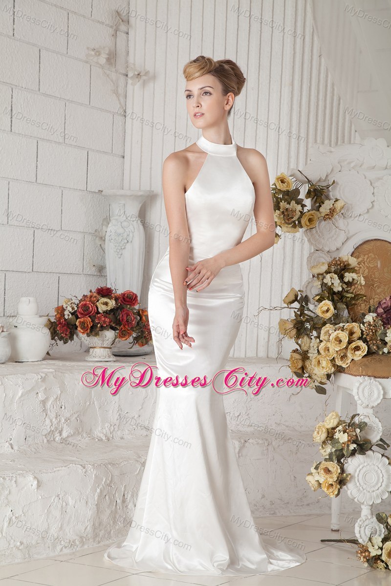 Simple Satin High-neck Brush Train Cheap Dress for 2013 Wedding