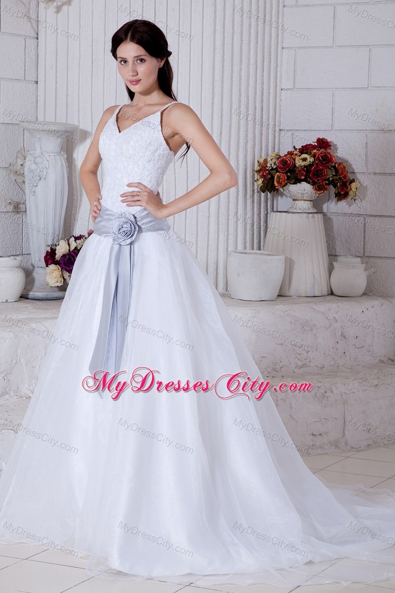 Spaghetti Straps Appliques Wedding Dresses with Silver Flower Sash