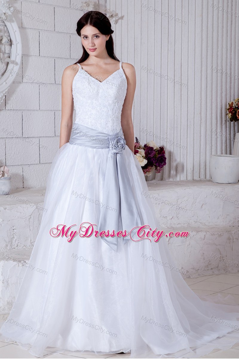 Spaghetti Straps Appliques Wedding Dresses with Silver Flower Sash