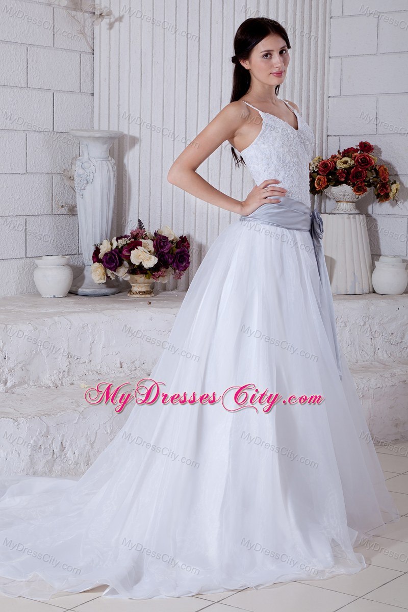 Spaghetti Straps Appliques Wedding Dresses with Silver Flower Sash