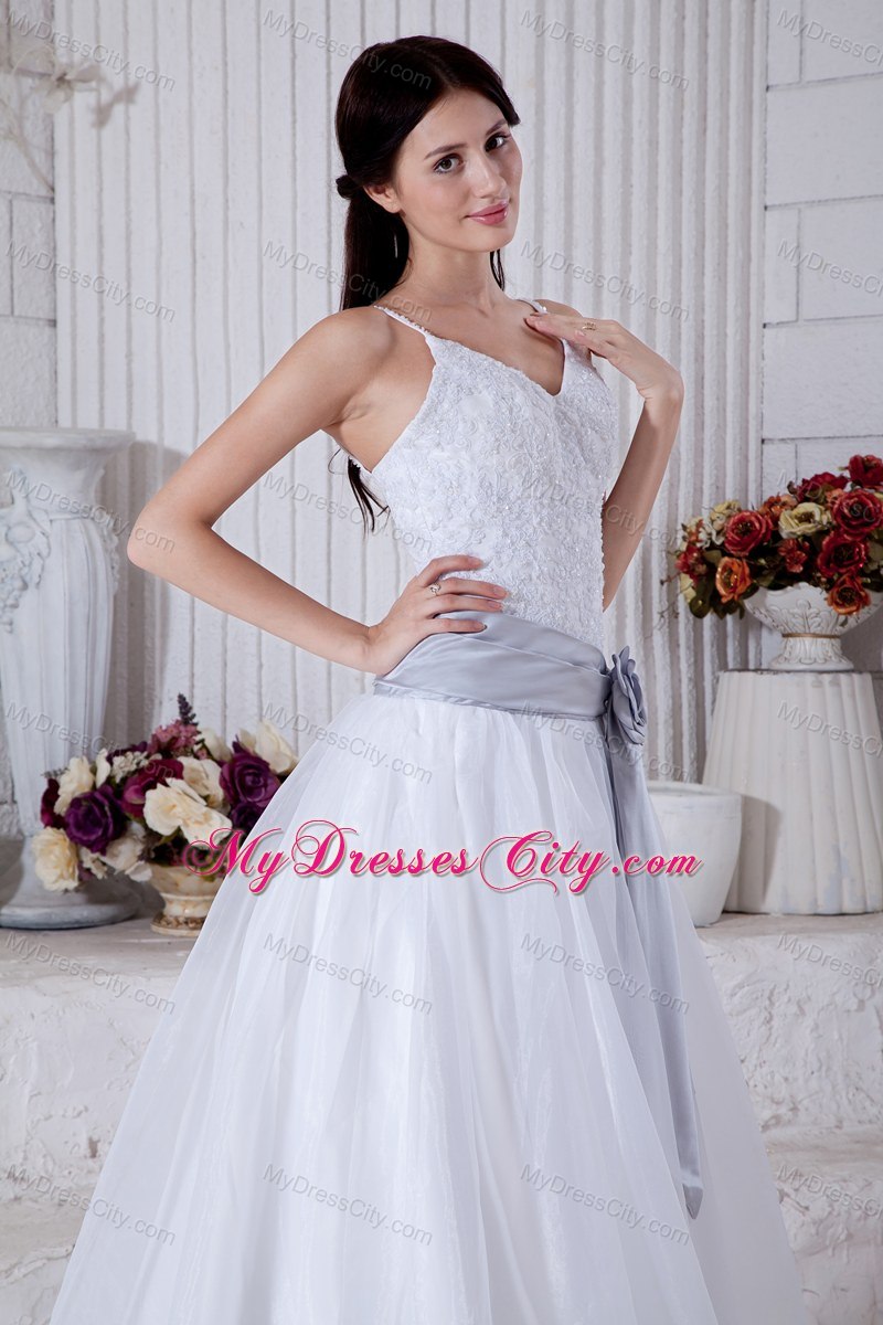 Spaghetti Straps Appliques Wedding Dresses with Silver Flower Sash