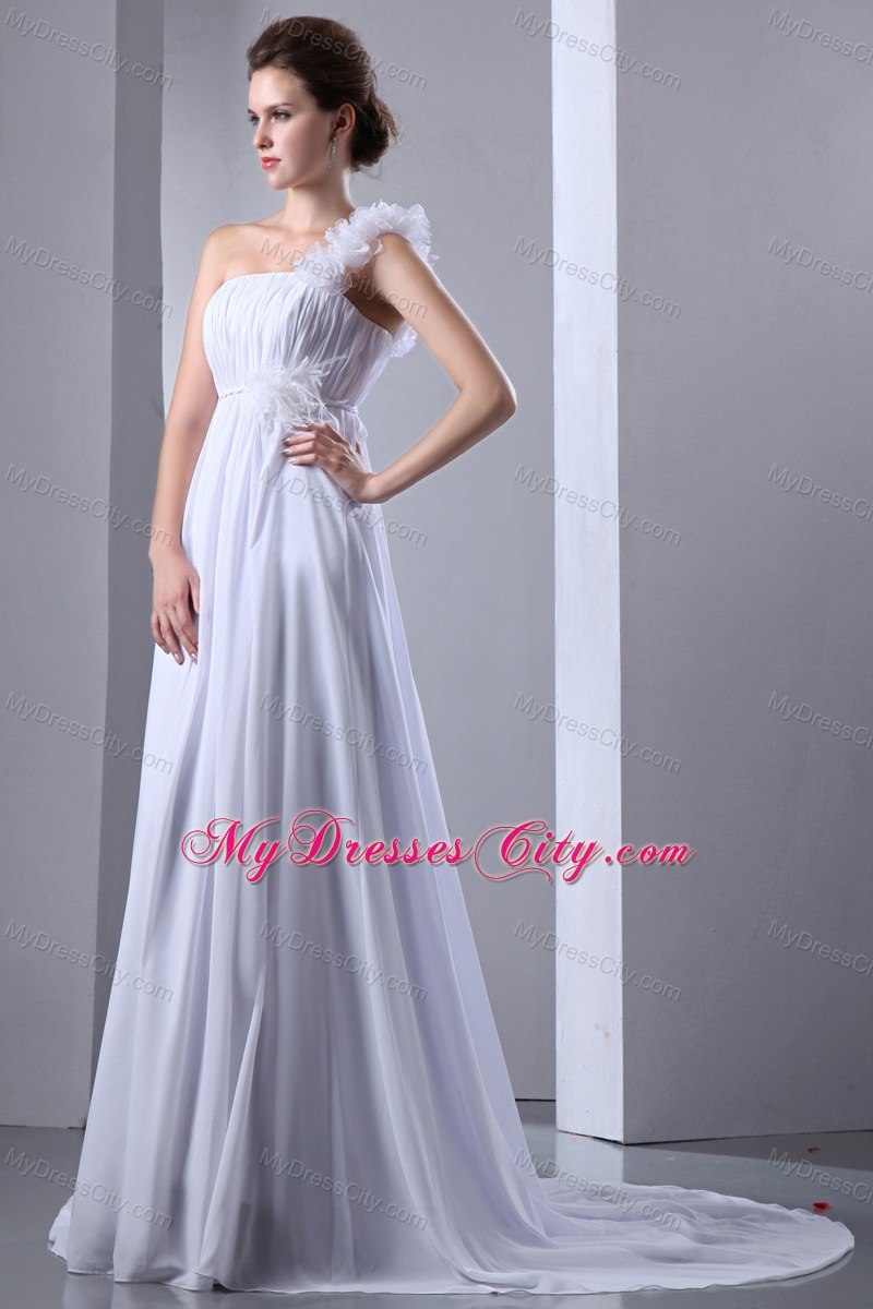 Plus Size A-line Flowers One Shoulder Chiffon Ruches Wedding Dress