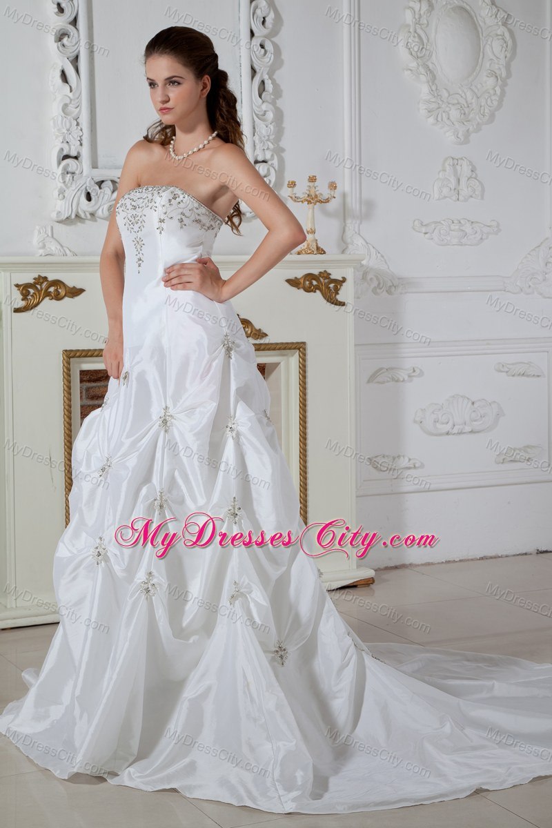 Brand New Strapless Pick-ups Appliques Wedding Dress for Cheap