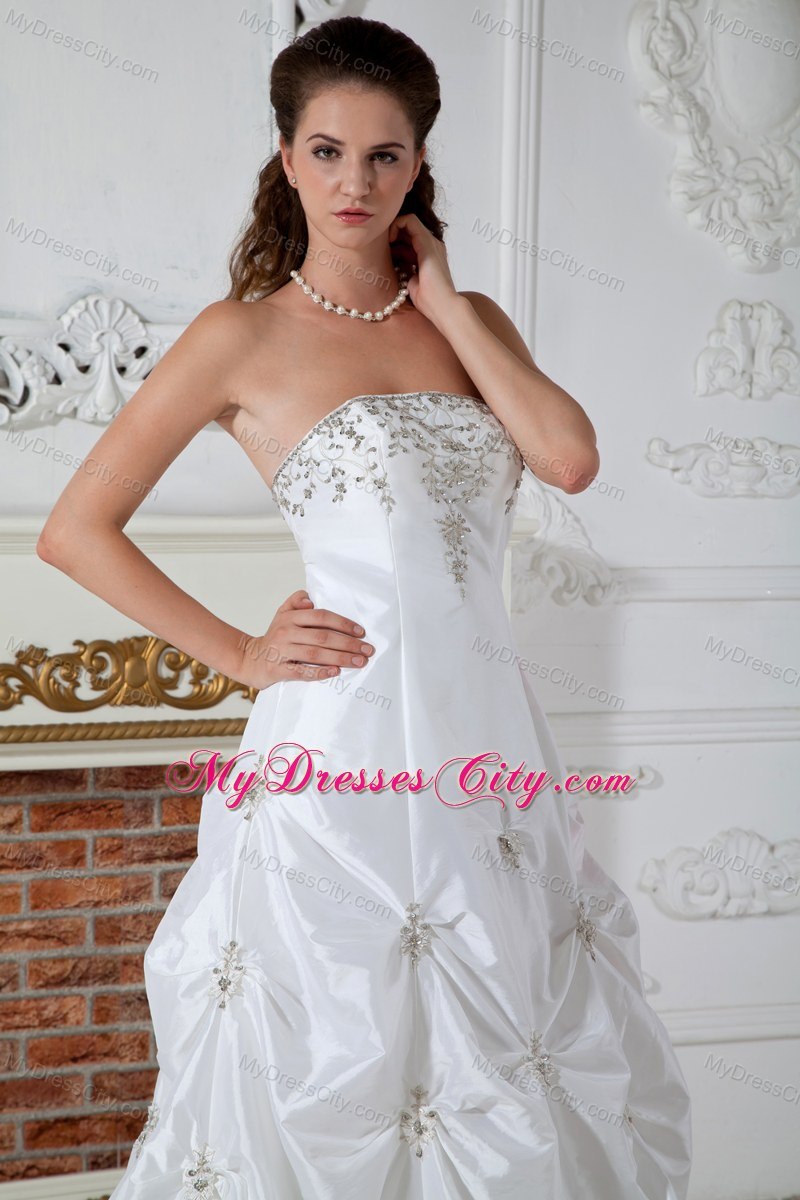 Brand New Strapless Pick-ups Appliques Wedding Dress for Cheap