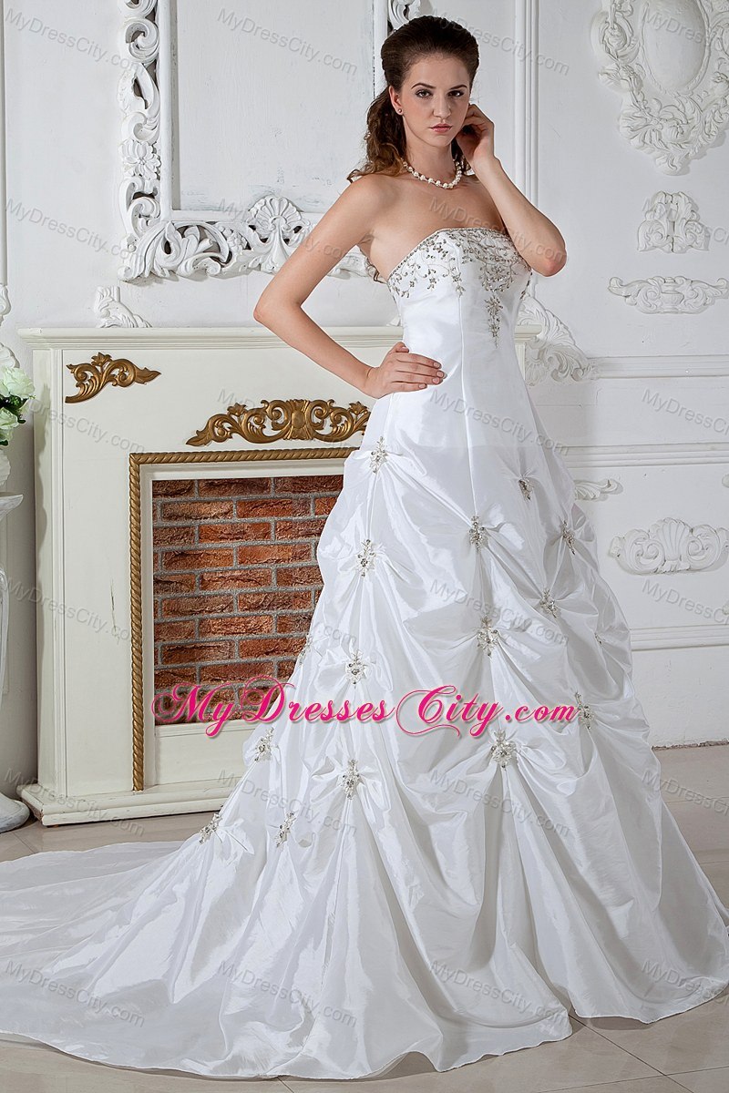 Brand New Strapless Pick-ups Appliques Wedding Dress for Cheap