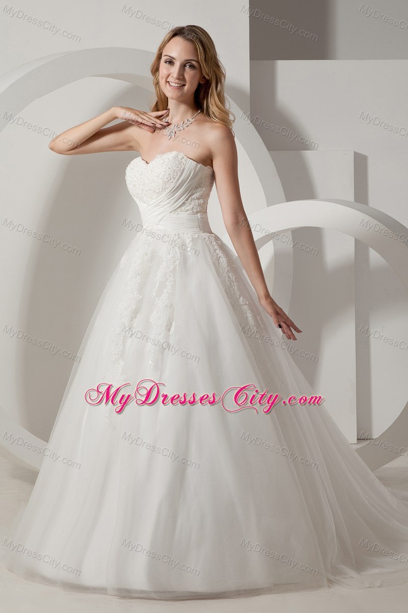 A-line Sweetheart Court Train 2013 Wedding Dress with Lace