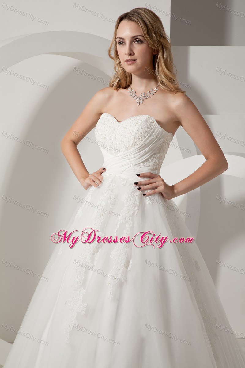 A-line Sweetheart Court Train 2013 Wedding Dress with Lace