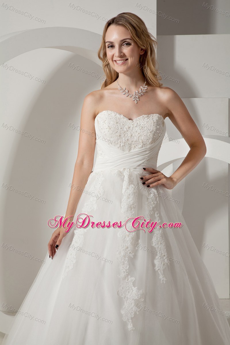 A-line Sweetheart Court Train 2013 Wedding Dress with Lace