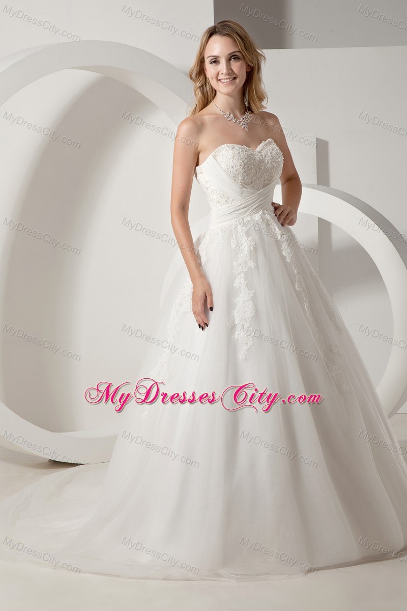 A-line Sweetheart Court Train 2013 Wedding Dress with Lace