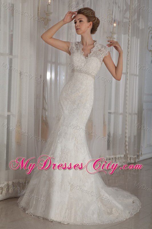 Elegant Mermaid V-Neck Lace Wedding Dress for Outdoor Wedding