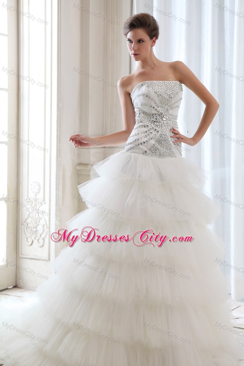 Best Strapless Ruffled Layers Tulle Beading 2013 Wedding Dress