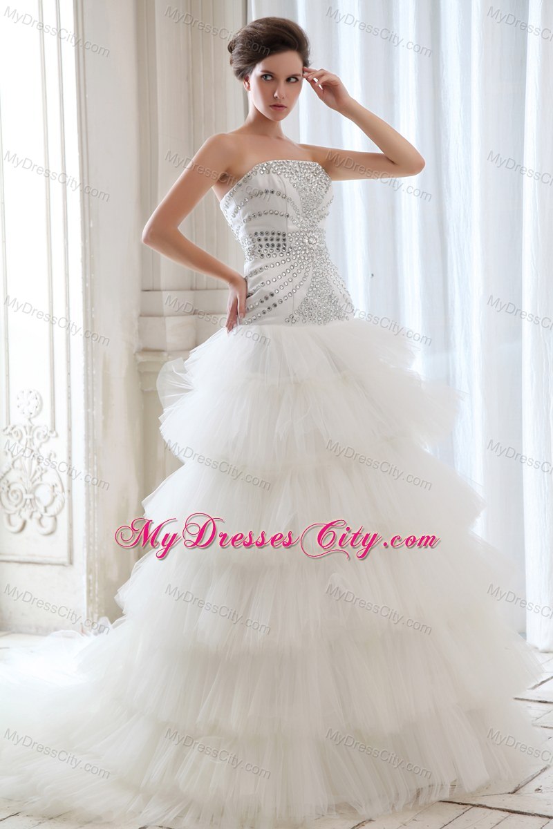 Best Strapless Ruffled Layers Tulle Beading 2013 Wedding Dress