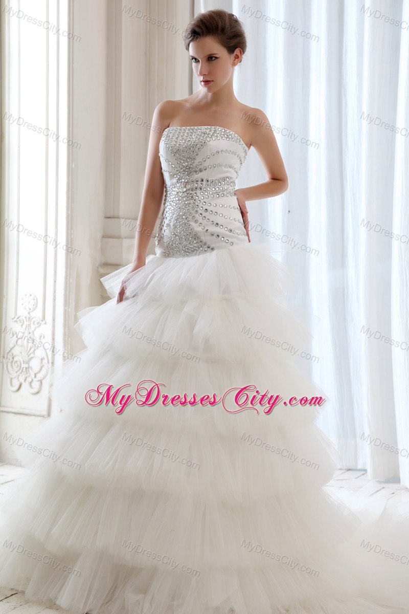 Best Strapless Ruffled Layers Tulle Beading 2013 Wedding Dress