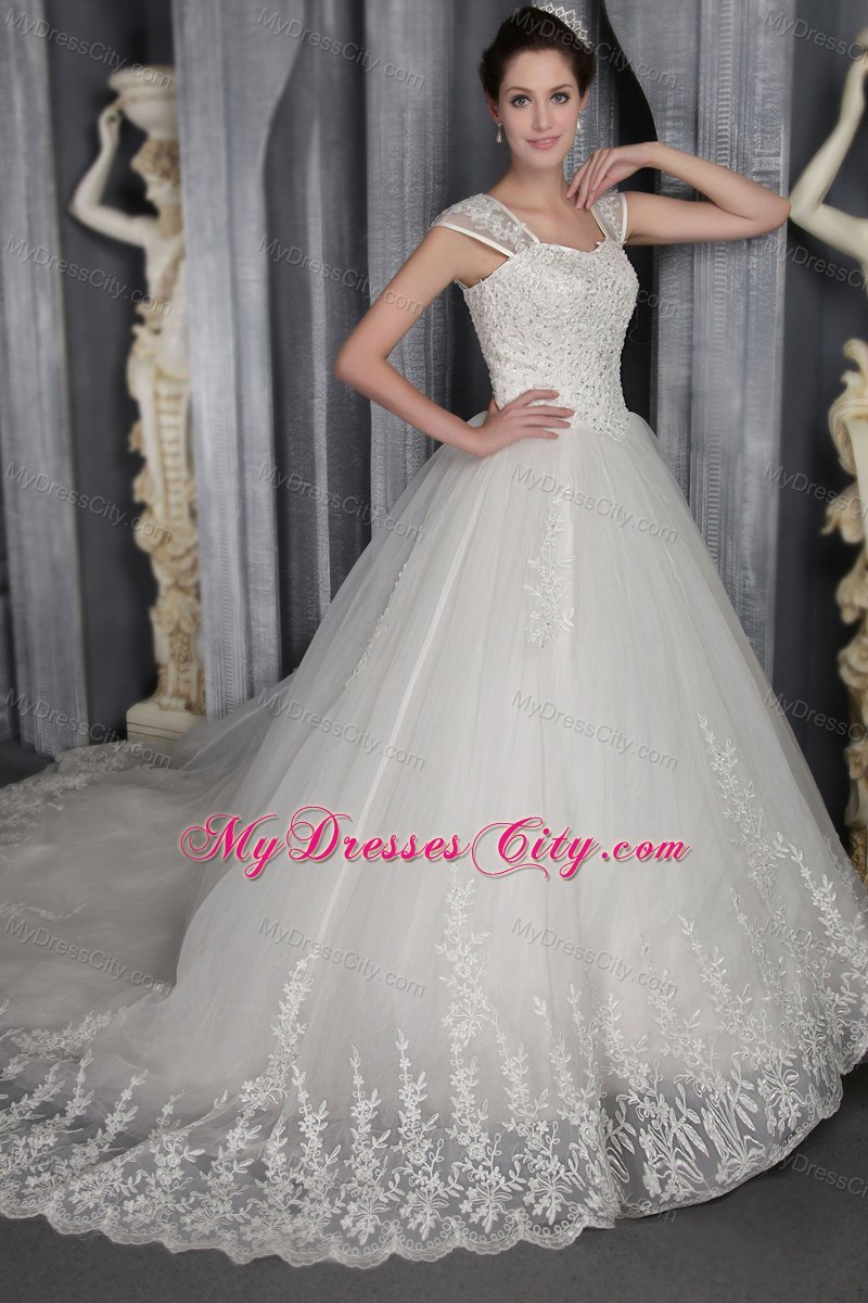 Elegant A-Line Square Chapel Train Lace Appliques Wedding Dress