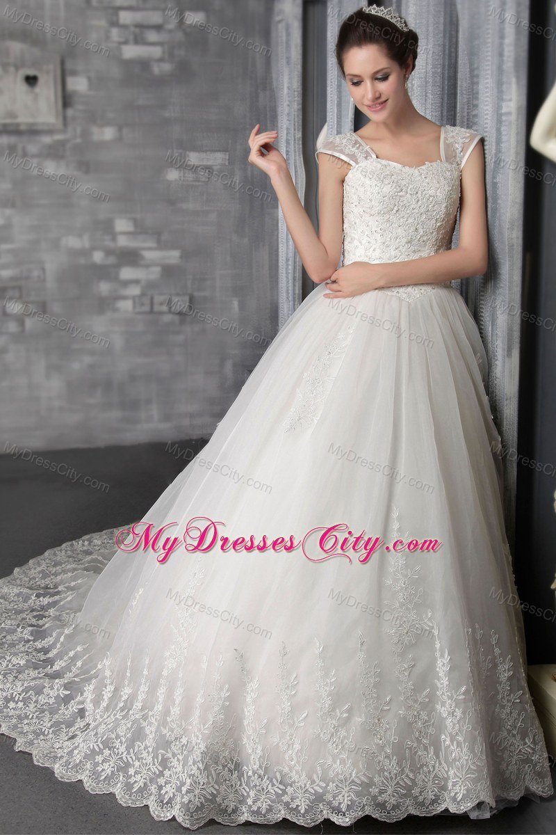 Elegant A-Line Square Chapel Train Lace Appliques Wedding Dress