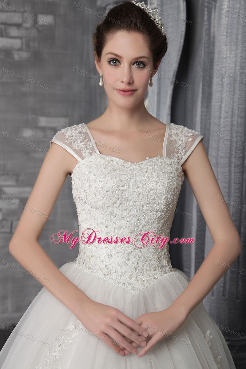 Elegant A-Line Square Chapel Train Lace Appliques Wedding Dress