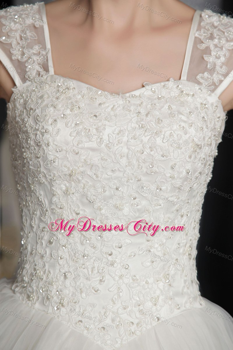 Elegant A-Line Square Chapel Train Lace Appliques Wedding Dress