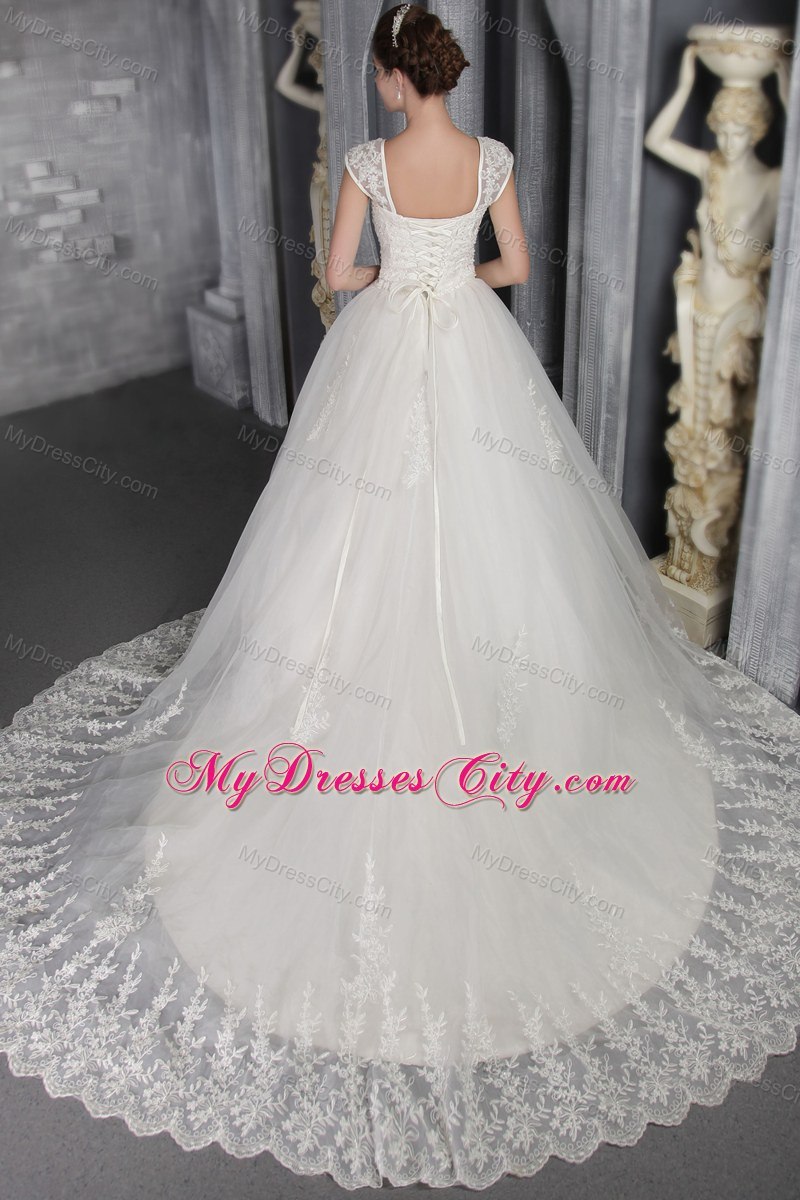 Elegant A-Line Square Chapel Train Lace Appliques Wedding Dress