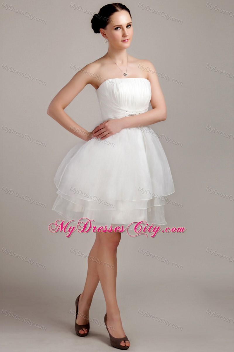 White A-line Strapless Organza Ruches Short Wedding Dress