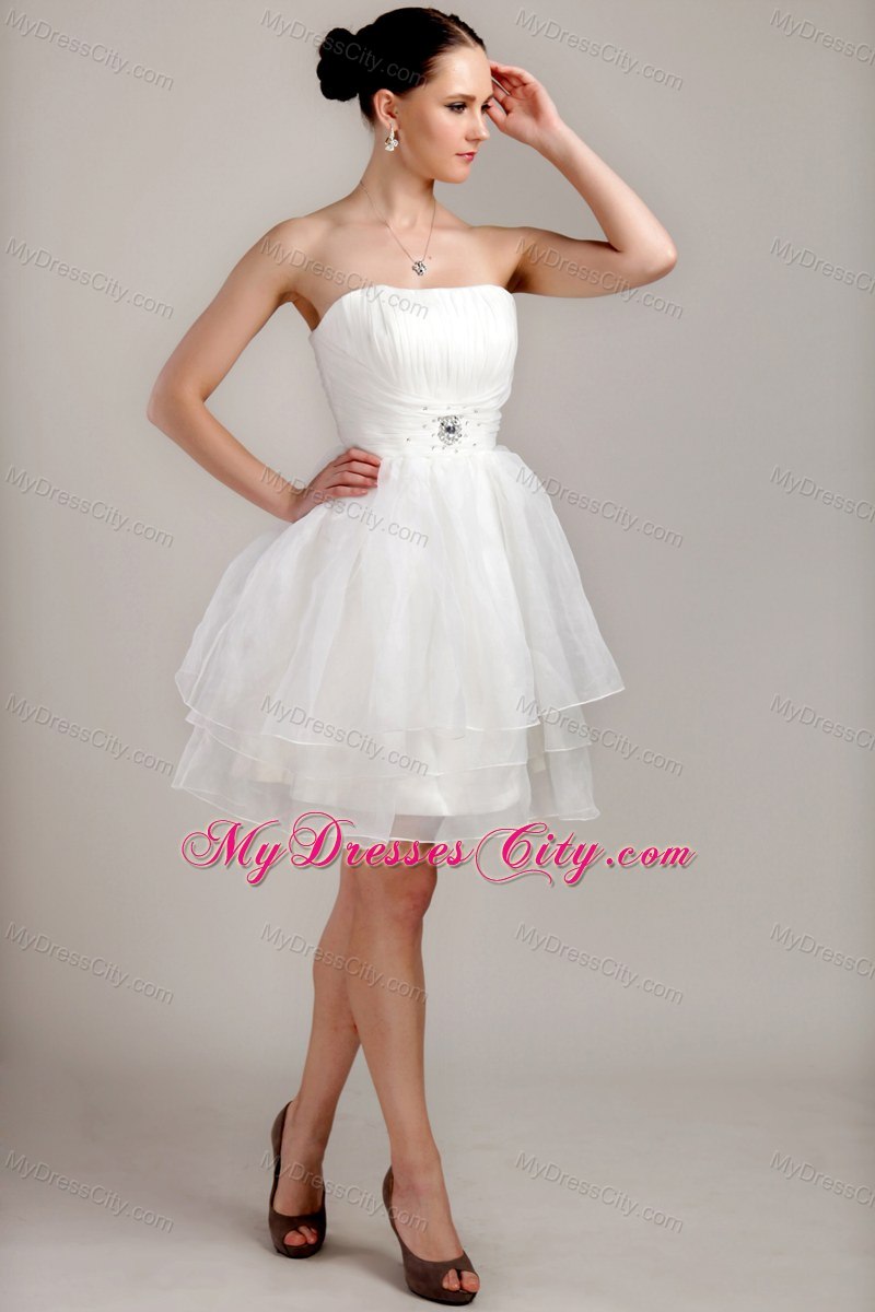 White A-line Strapless Organza Ruches Short Wedding Dress