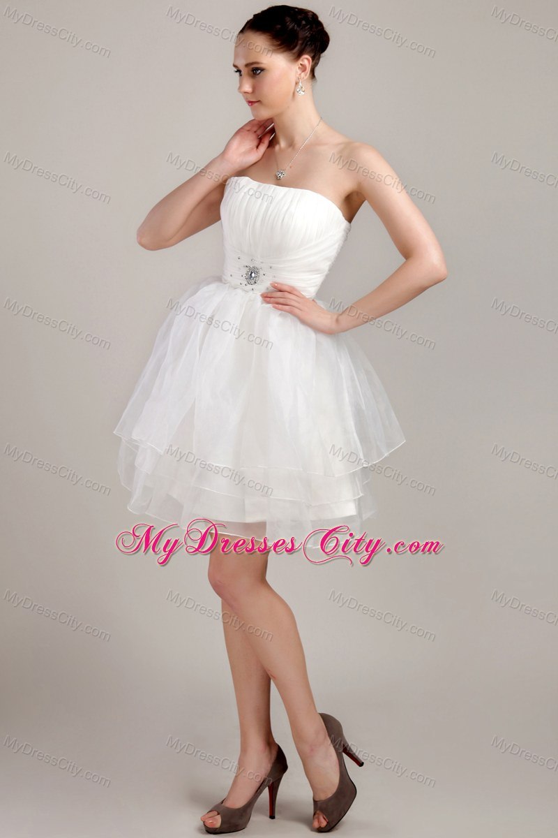 White A-line Strapless Organza Ruches Short Wedding Dress