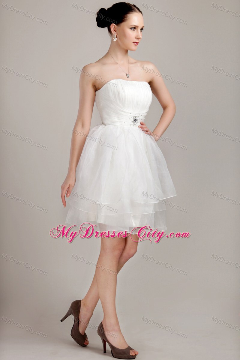 White A-line Strapless Organza Ruches Short Wedding Dress