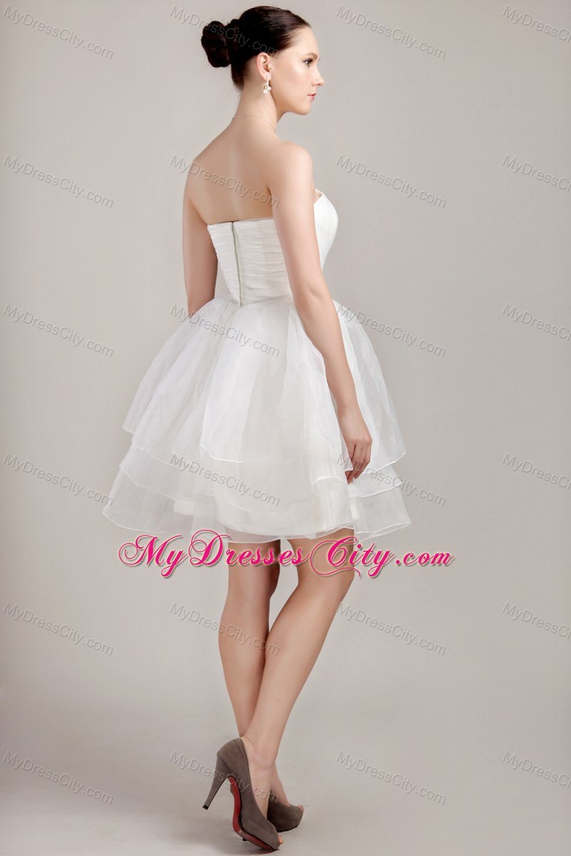 White A-line Strapless Organza Ruches Short Wedding Dress