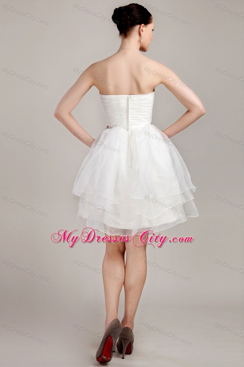 White A-line Strapless Organza Ruches Short Wedding Dress