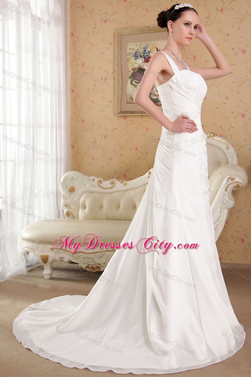 Straps Court Train Chiffon Beading Wedding Dress Online