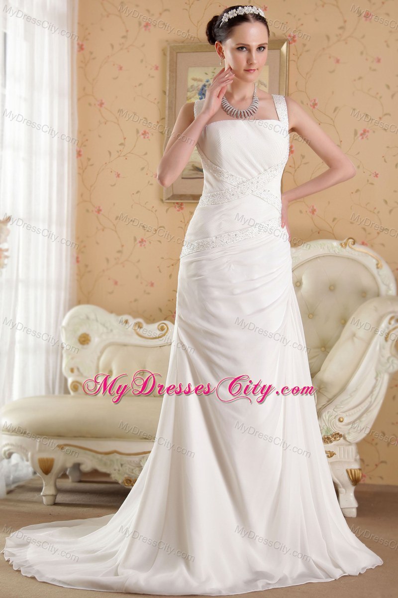 Straps Court Train Chiffon Beading Wedding Dress Online