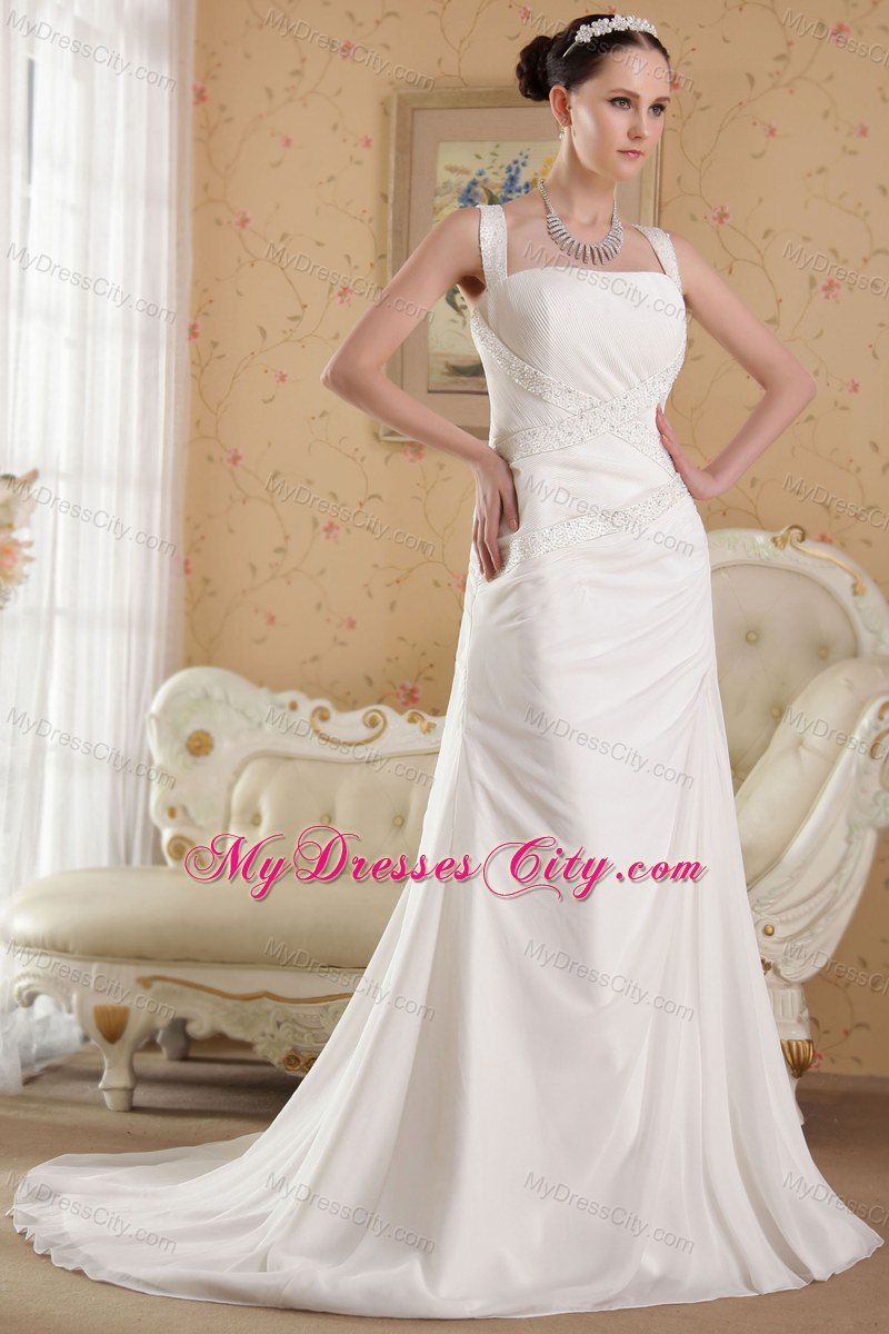 Straps Court Train Chiffon Beading Wedding Dress Online