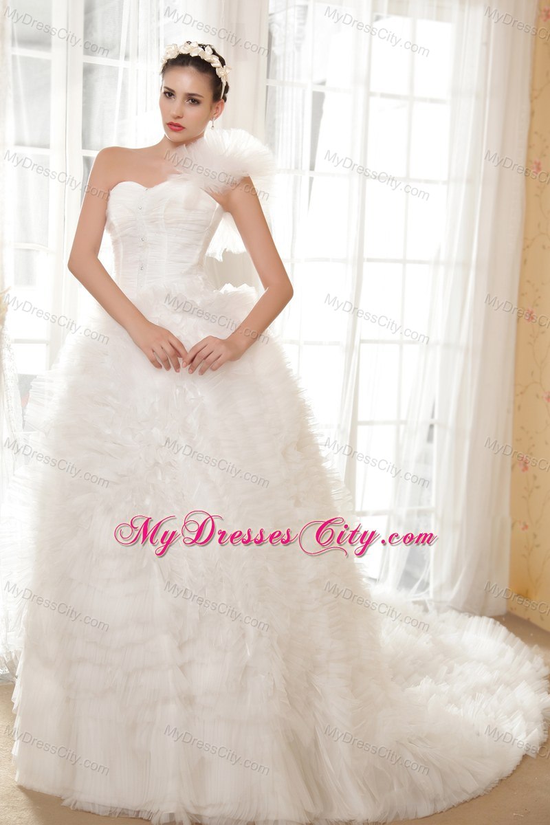 Ball Gown One Shoulder Chapel Train Ruffles Tulle Wedding Dress