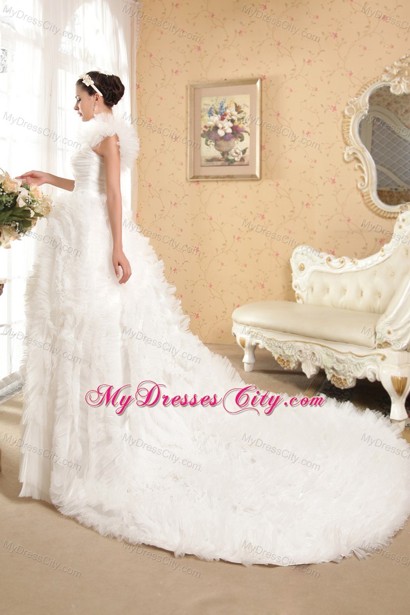 Ball Gown One Shoulder Chapel Train Ruffles Tulle Wedding Dress