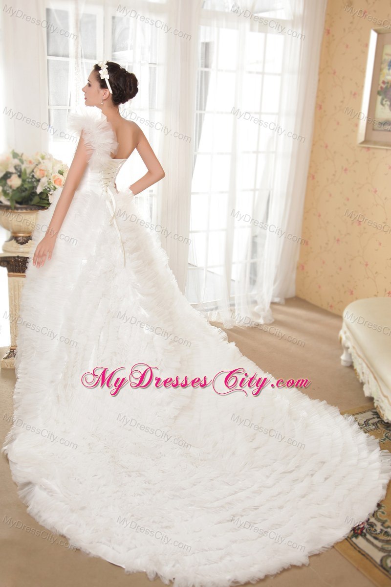 Ball Gown One Shoulder Chapel Train Ruffles Tulle Wedding Dress