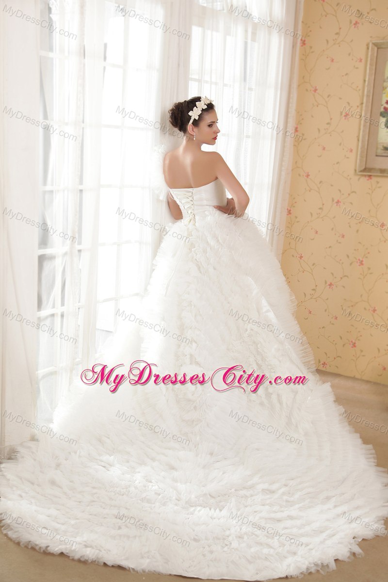 Ball Gown One Shoulder Chapel Train Ruffles Tulle Wedding Dress