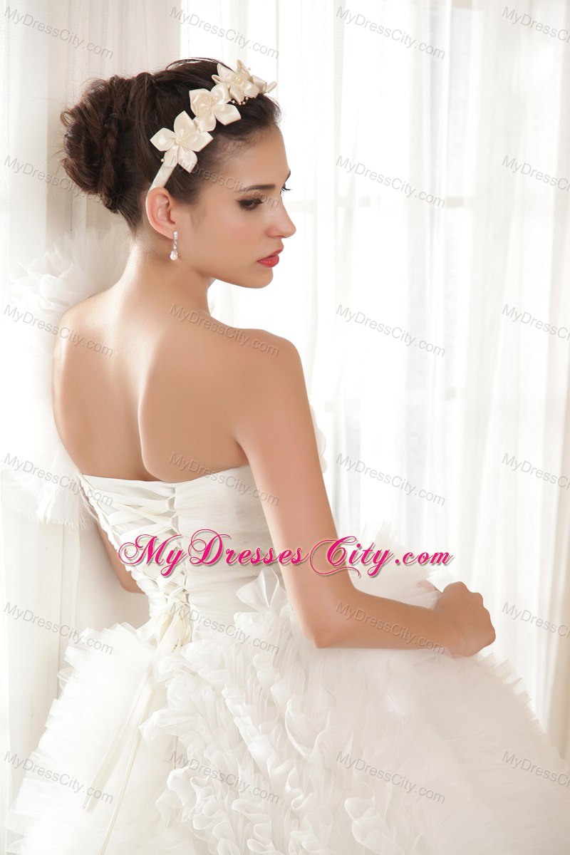 Ball Gown One Shoulder Chapel Train Ruffles Tulle Wedding Dress