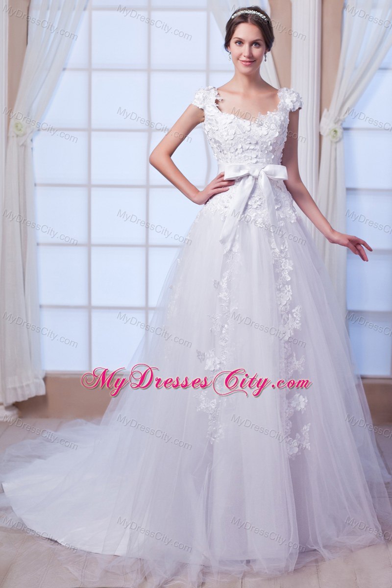 Cheap Square Chapel Train Tulle Embroidery Wedding Dress