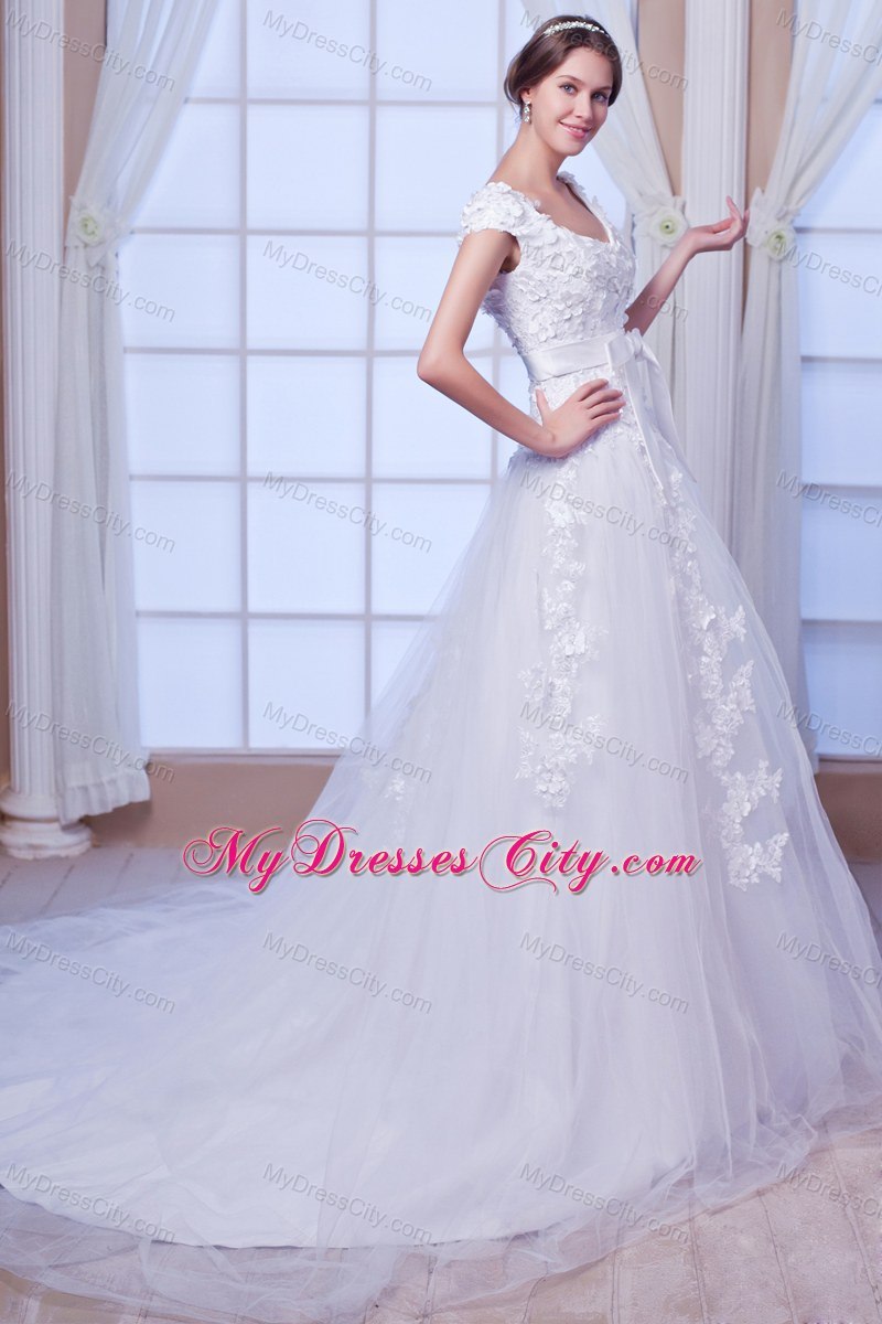 Cheap Square Chapel Train Tulle Embroidery Wedding Dress