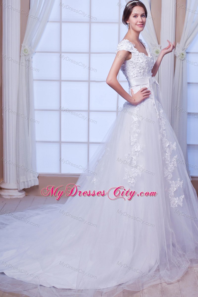 Cheap Square Chapel Train Tulle Embroidery Wedding Dress