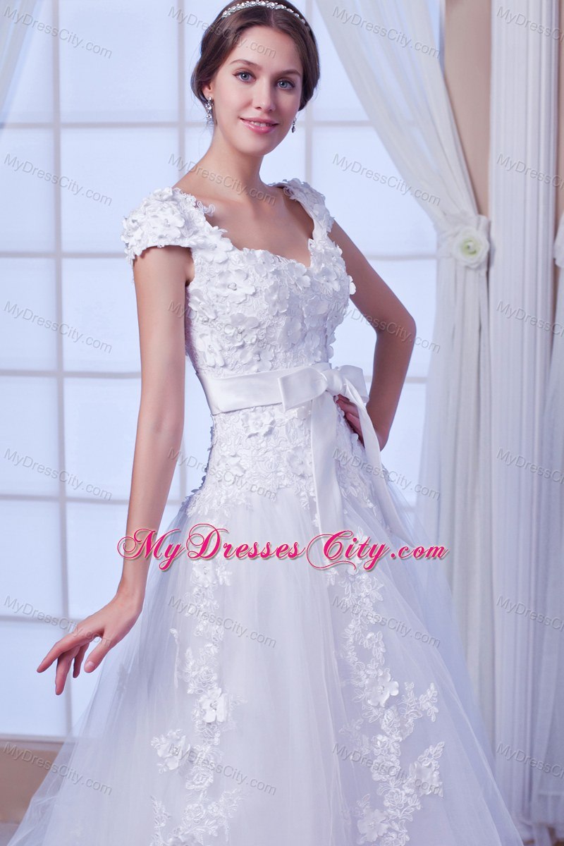 Cheap Square Chapel Train Tulle Embroidery Wedding Dress