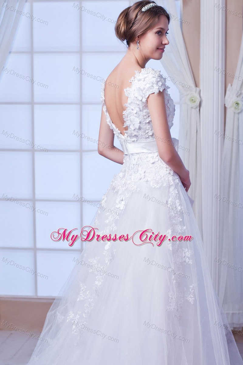 Cheap Square Chapel Train Tulle Embroidery Wedding Dress