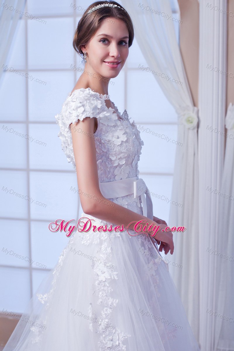 Cheap Square Chapel Train Tulle Embroidery Wedding Dress