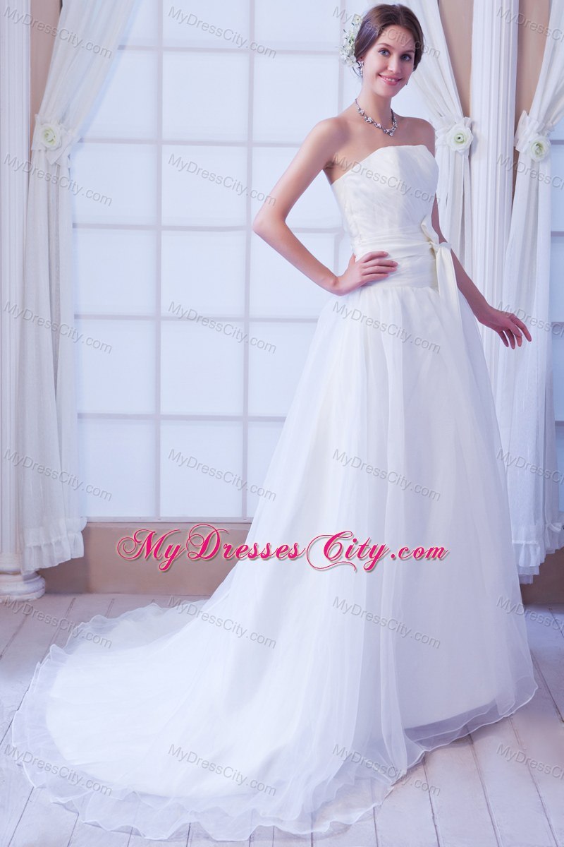 Elegant Strapless Court Train Organza Sashes Wedding Gown