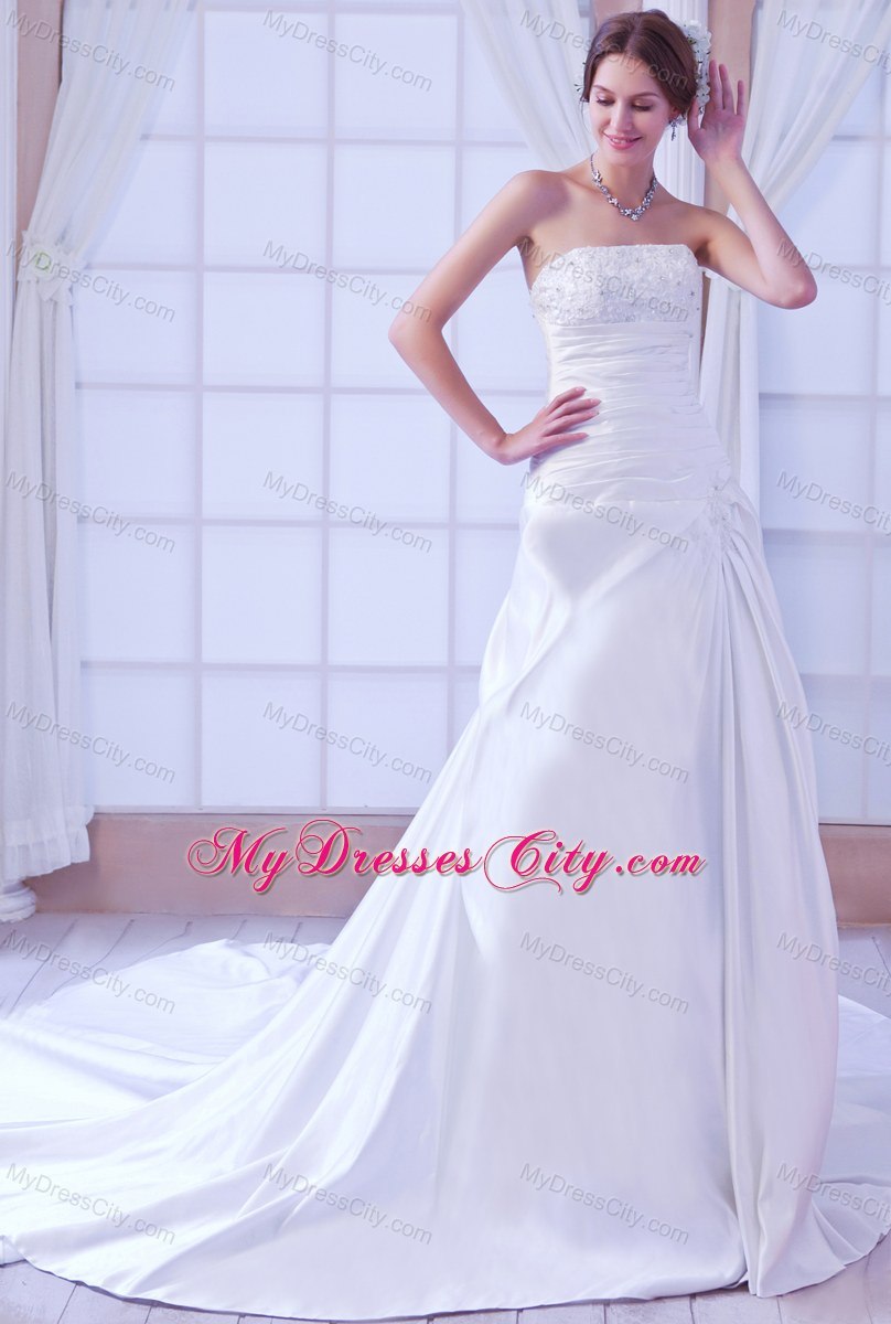 Chapel Train Taffeta Wedding Dress with Beading and Ruches