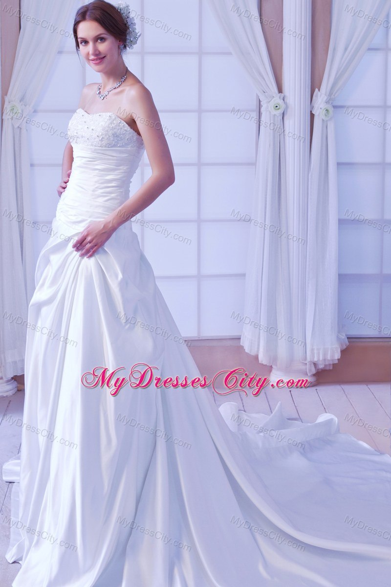 Chapel Train Taffeta Wedding Dress with Beading and Ruches