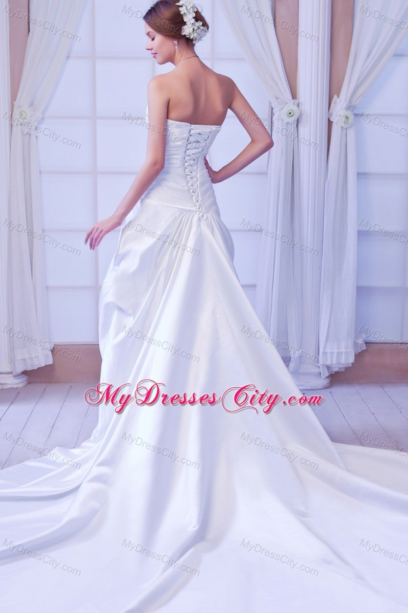 Chapel Train Taffeta Wedding Dress with Beading and Ruches