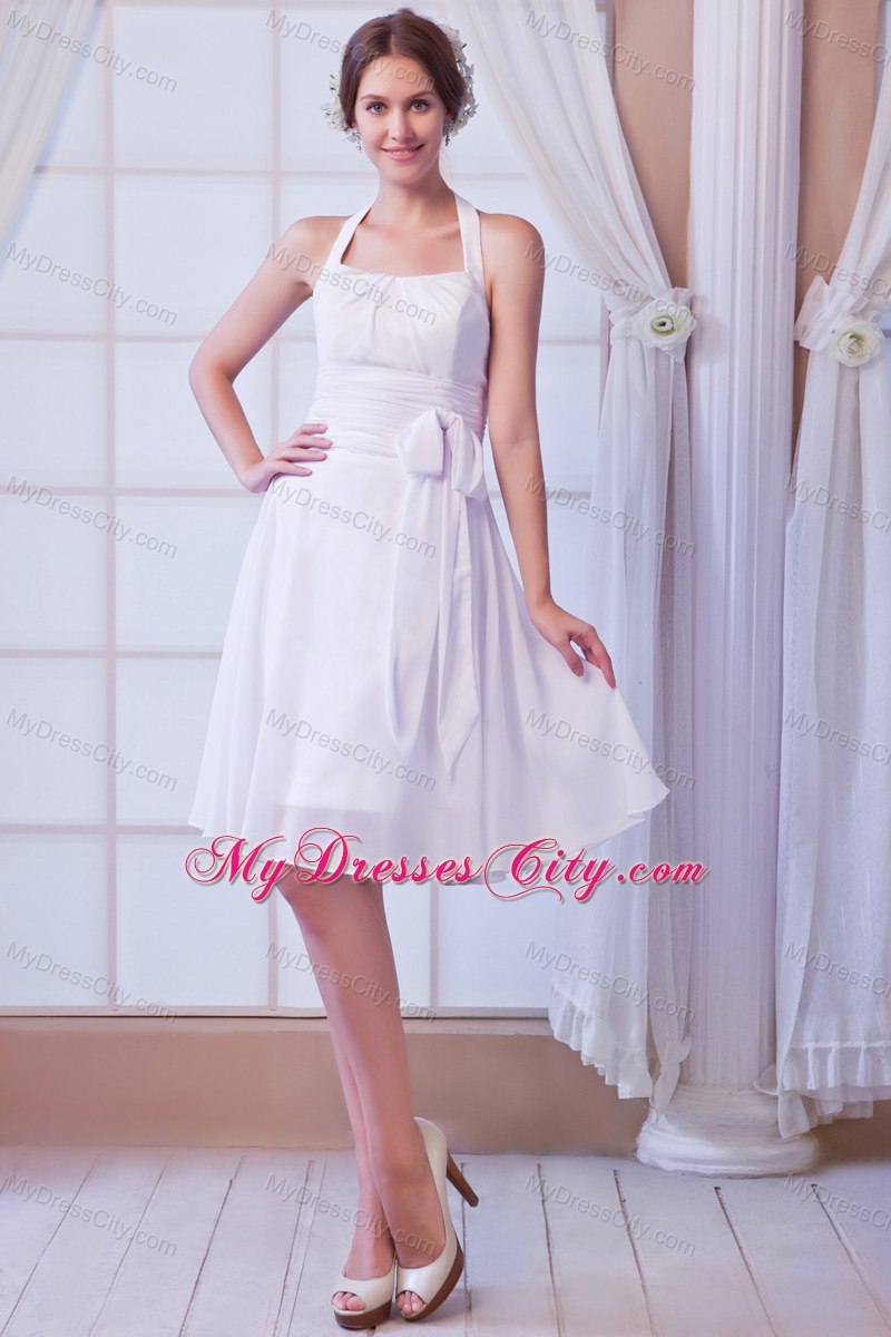 White Halter Chiffon Ruches and Sash 2013 Short Bridal Dress