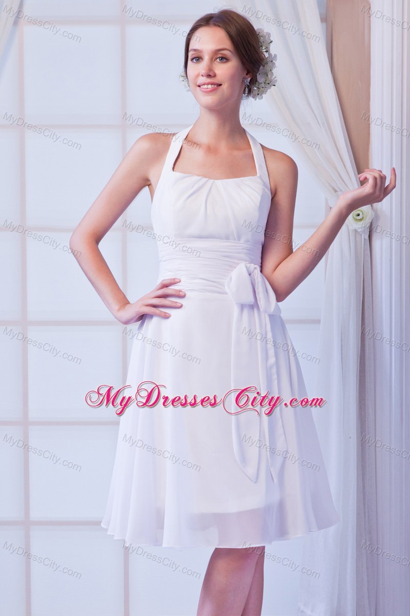 White Halter Chiffon Ruches and Sash 2013 Short Bridal Dress