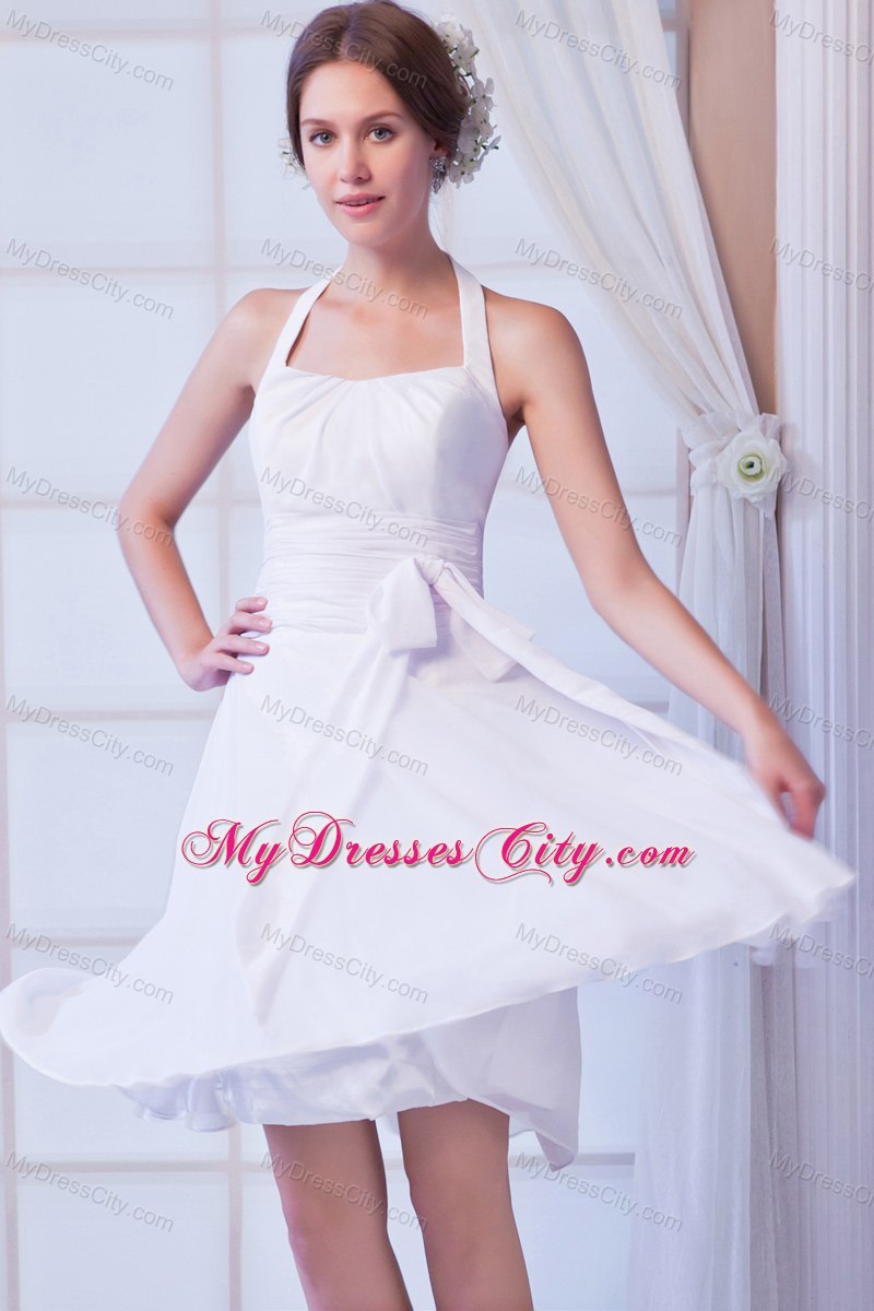 White Halter Chiffon Ruches and Sash 2013 Short Bridal Dress